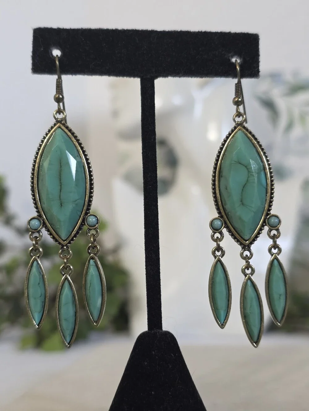 Stony Boho Turquoise Chandelier Dangle Earrings Antique Brass Southwest